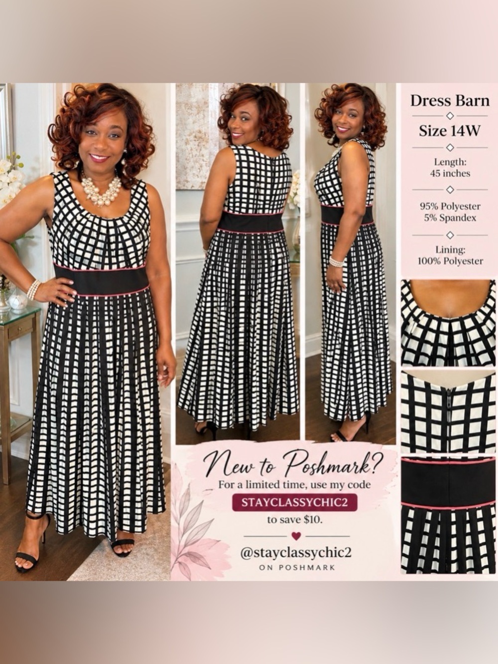 Dress Barn Woman Sleeveless Dress || Size 14 || Black and White with Pink Trim